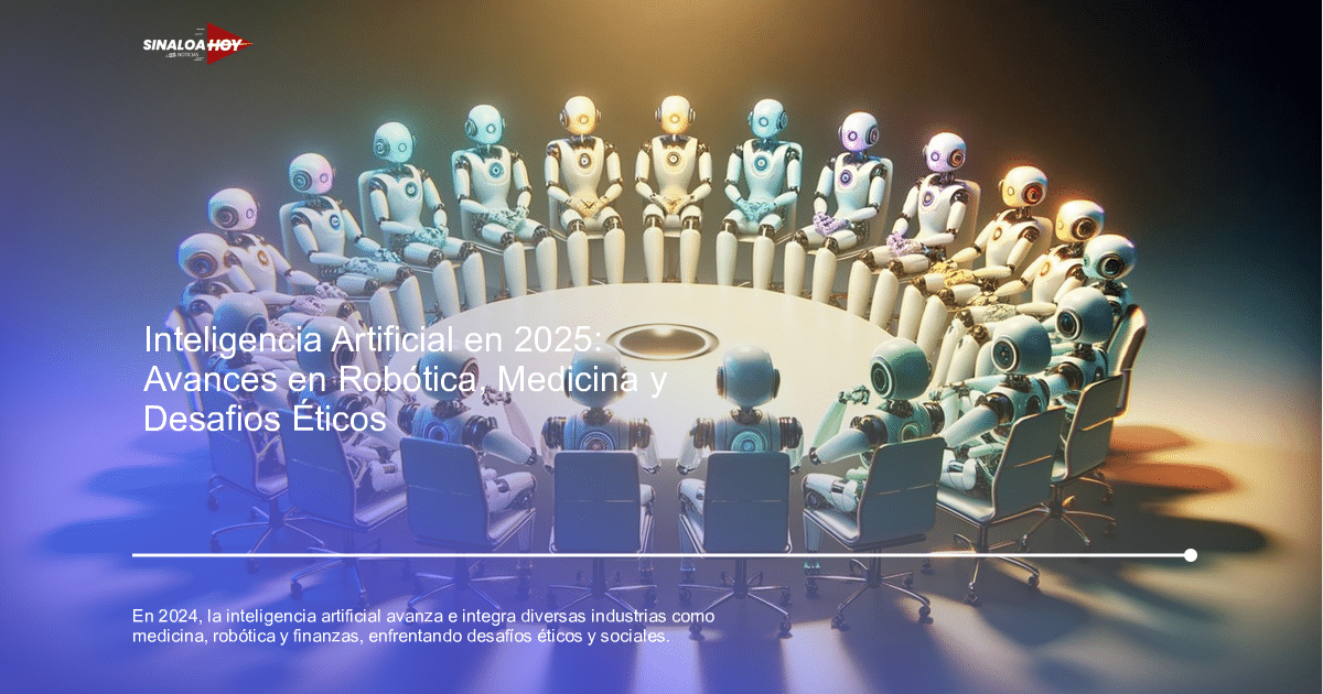 Robots futuristas sentados en una mesa circular iluminada, representando la evolución de la inteligencia artificial en 2024.