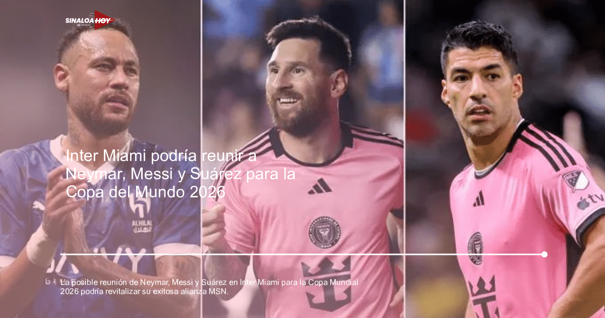 Neymar, Messi y Suárez con camisetas de Al Hilal e Inter Miami, simbolizando su posible reunión en Inter Miami.