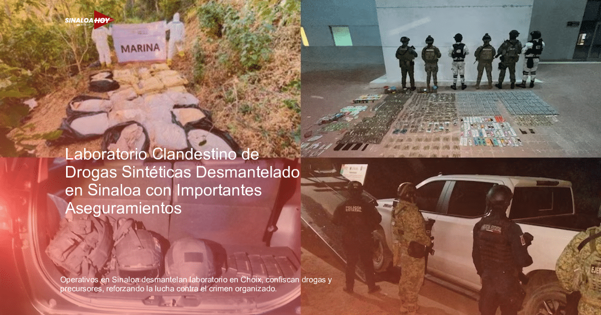 Cuatro escenas de operativos de seguridad en Sinaloa, con oficiales, equipo táctico y objetos incautados.