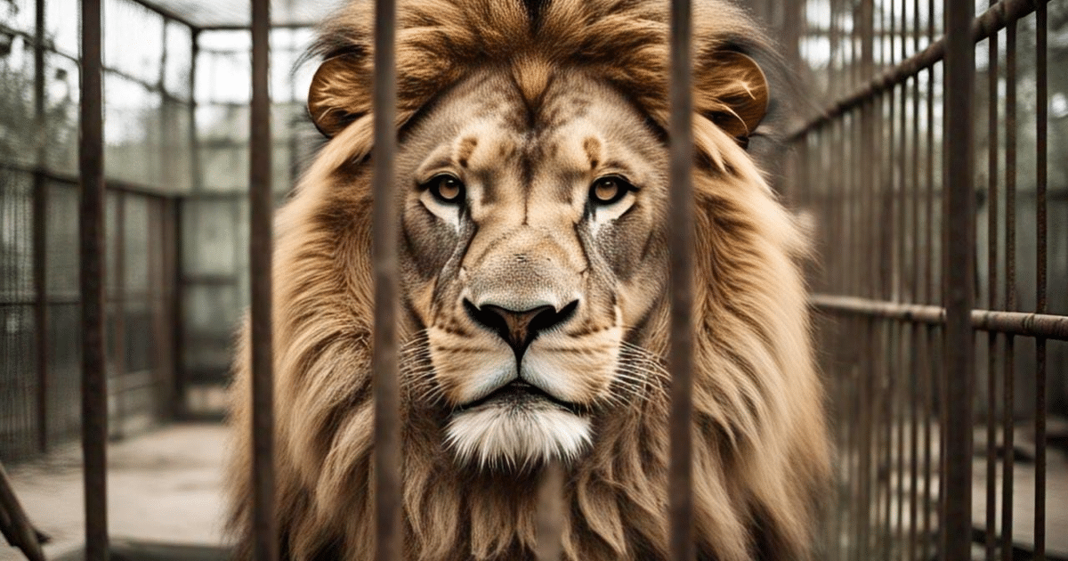 León en jaula con melena distintiva, descubierto en Escuinapa, Sinaloa.