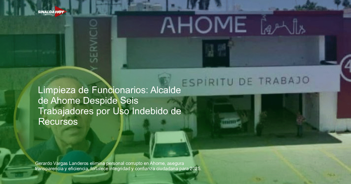 Edificio AHOME con lema 'ESPÍRITU DE TRABAJO', vehículos y personas en el estacionamiento, y un hombre en un círculo amarillo dando una declaración.
