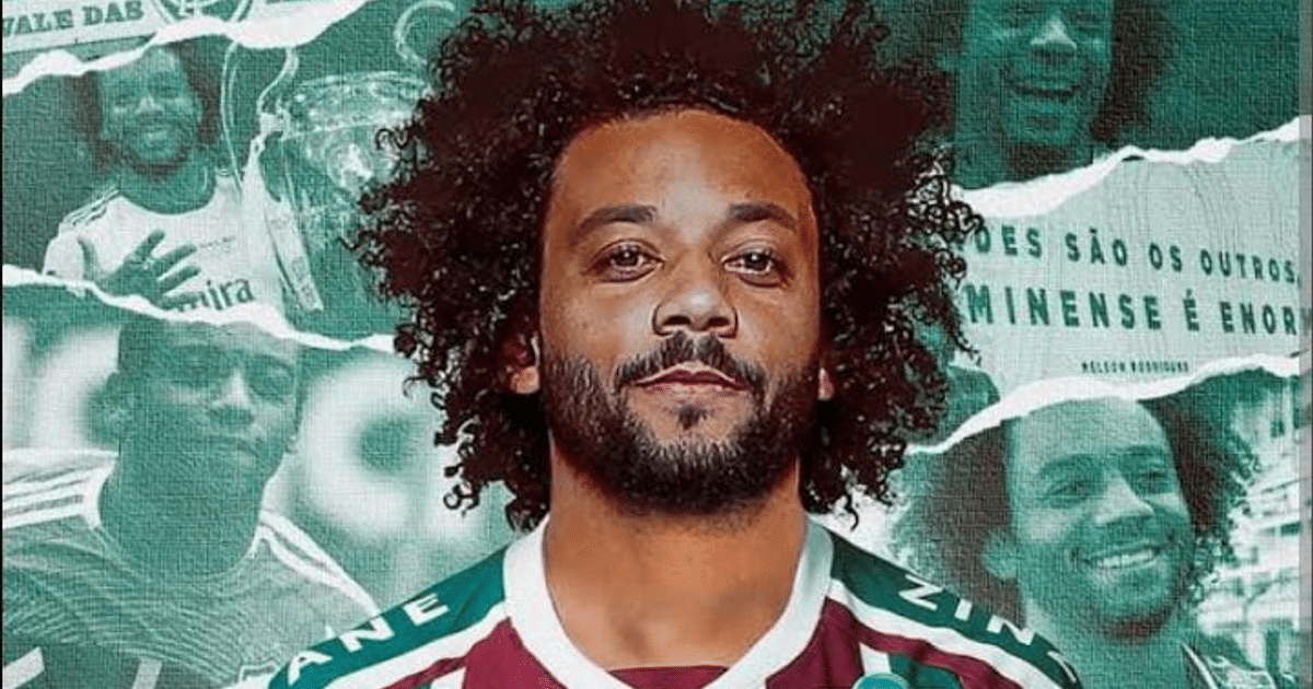Futbolista Marcelo con camiseta de equipo, fondo de momentos de su carrera y texto en portugués.