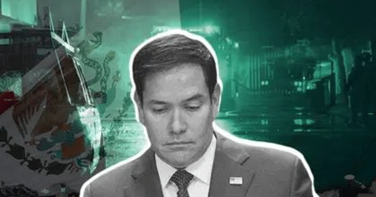 Hombre serio con fondo gráfico de temas políticos México-EE.UU.