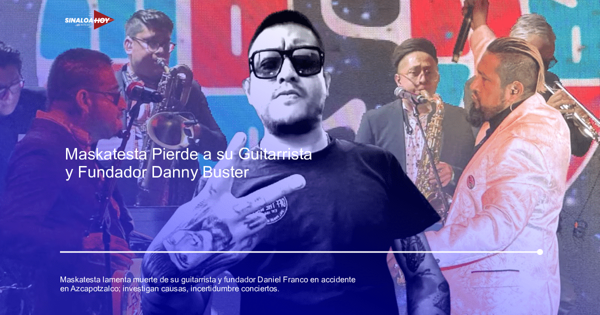 Hombre con gafas de sol haciendo gesto de paz en concierto de Maskatesta, músicos de fondo.