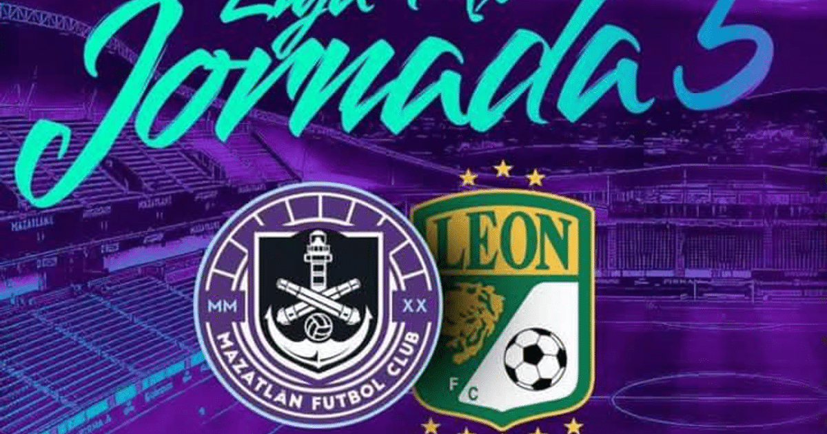 Diseño gráfico del partido Mazatlán vs León en la Jornada 5 del Clausura 2025, con logos de ambos equipos y fondo de estadio.