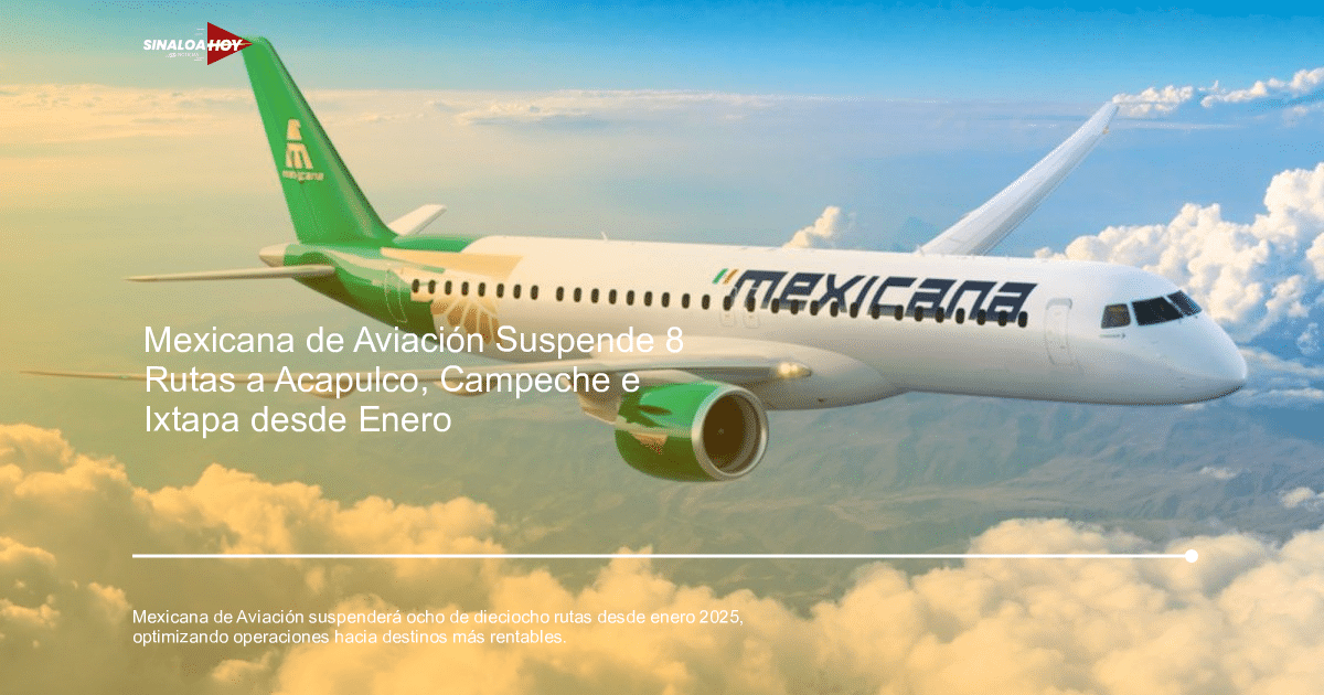 Avión de Mexicana de Aviación en vuelo, decorado con colores verde, blanco y rojo, sobre un cielo despejado.