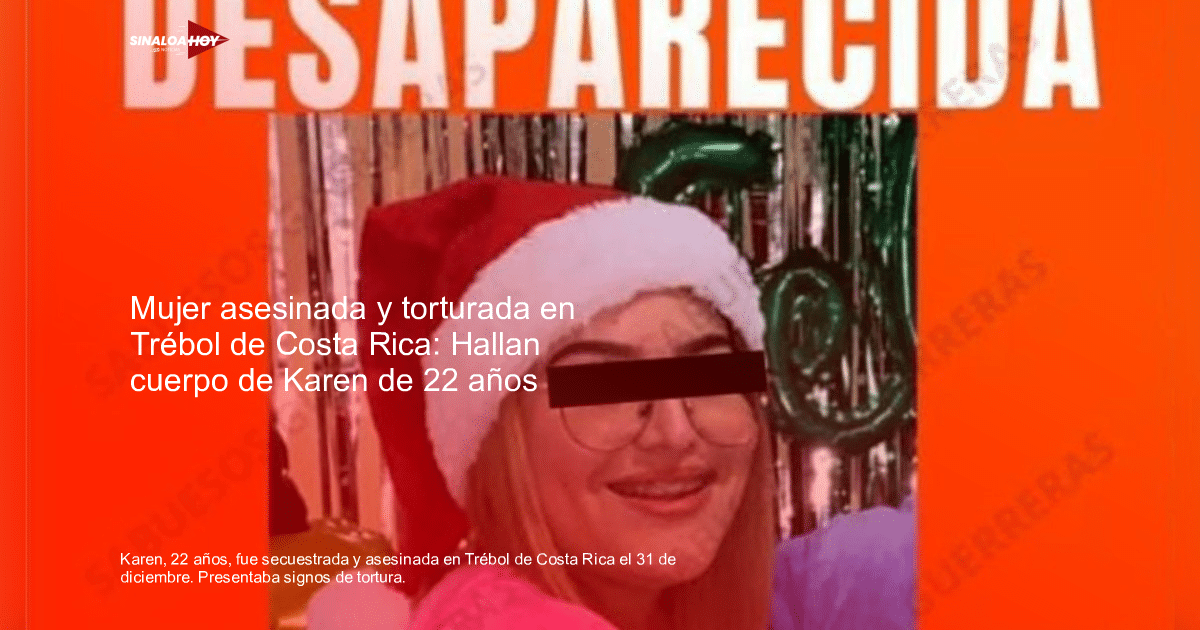 Cartel de búsqueda de Karen, mujer desaparecida con sombrero navideño, texto 'DESAPARECIDA' y fondo festivo.