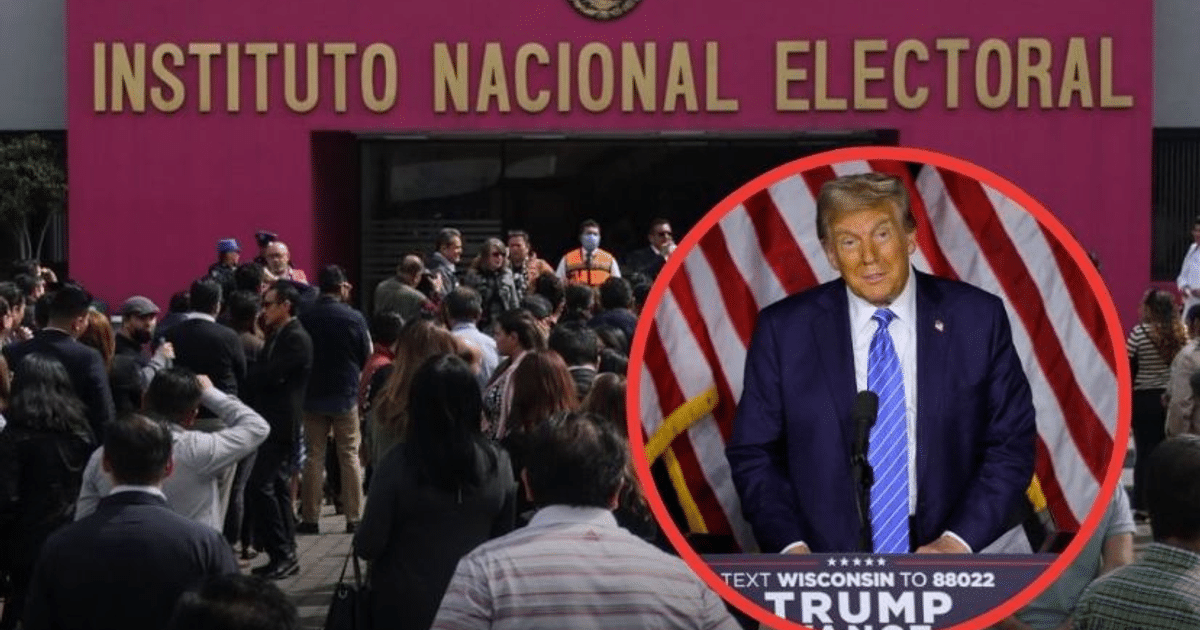 Grupo de personas frente al INE con un orador en un círculo, relacionado con México Republicano.