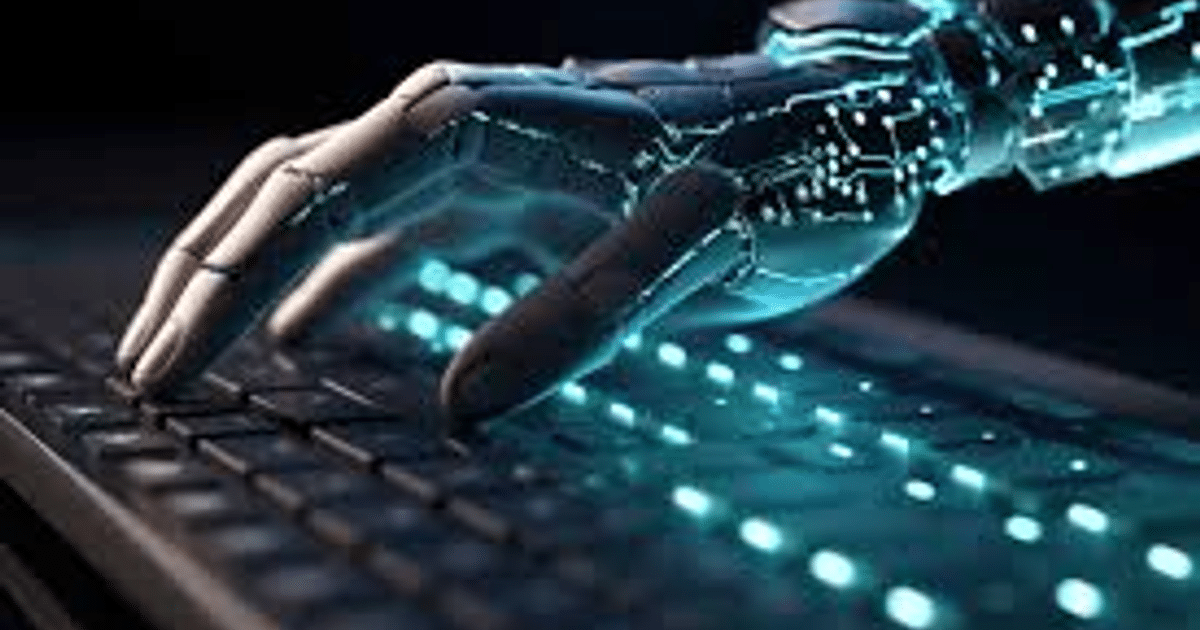 Mano robótica futurista interactuando con un teclado iluminado en un ambiente oscuro.