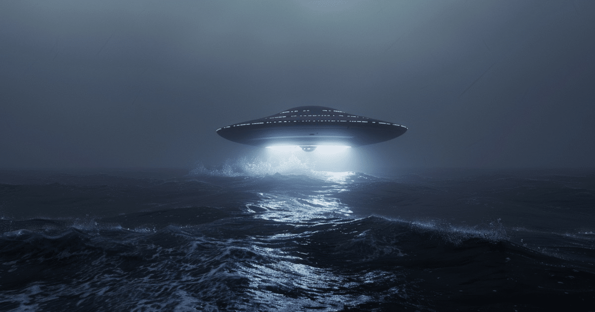 OVNI en forma de disco sobre el mar iluminado en una noche nublada