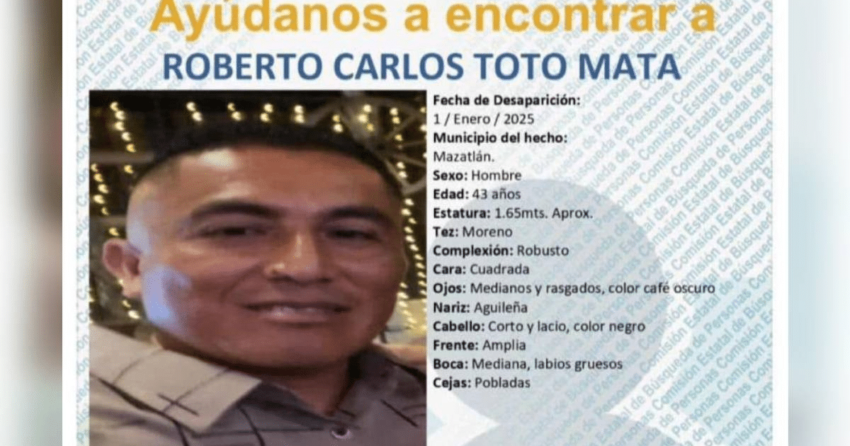 Cartel de búsqueda de Roberto Carlos Toto Mata, oficial de policía desaparecido en Mazatlán.