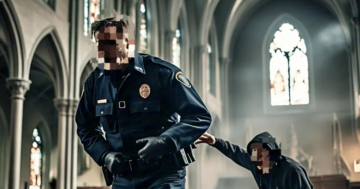 Oficial de policía y persona encapuchada en iglesia con vitrales, en contexto de redadas migratorias.