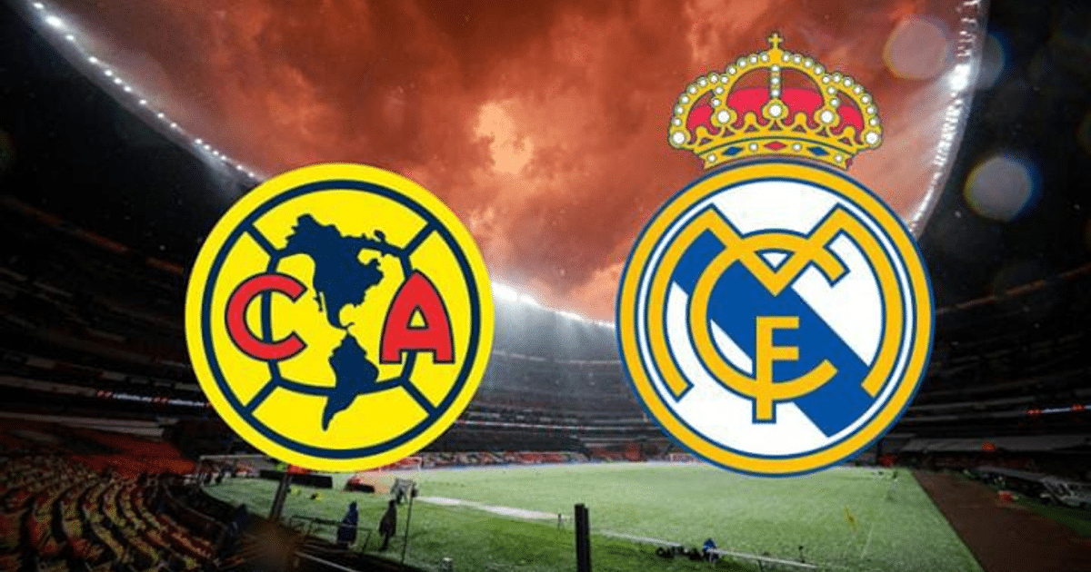 Logos del Club América y Real Madrid con estadio y cielo anaranjado de fondo