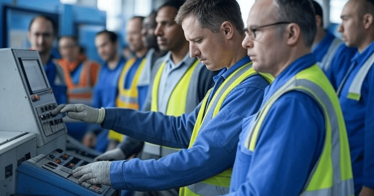 Trabajadores en entorno industrial operando un panel de control, relacionados con la reforma laboral en el Senado.