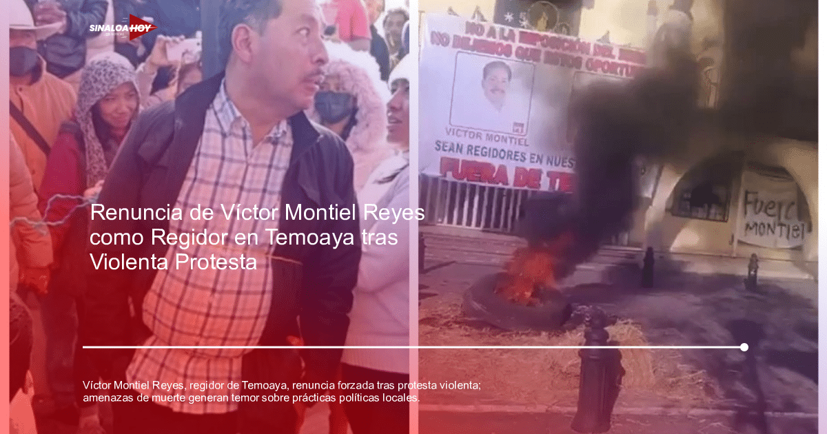 Manifestantes en Temoaya exigen la renuncia de Víctor Montiel Reyes, con quema de neumáticos en la calle.