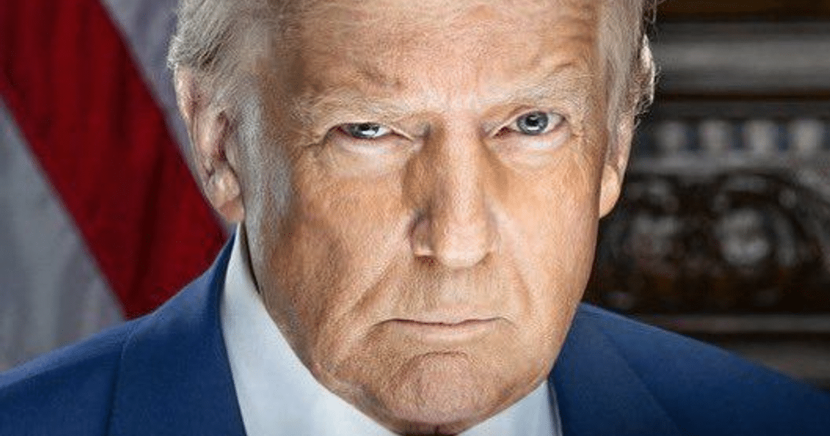 Retrato artístico de Donald Trump con expresión seria y mirada firme, simbolizando liderazgo y autoridad.