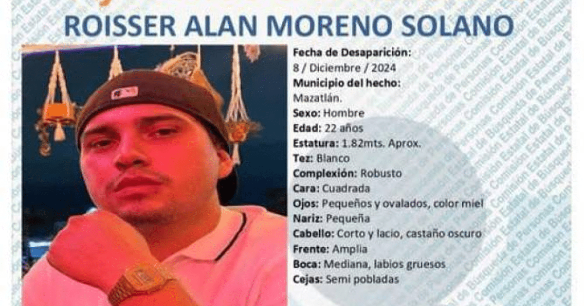 Cartel de búsqueda de Roisser Alan Moreno Solano, desaparecido en Mazatlán el 8 de diciembre de 2024.