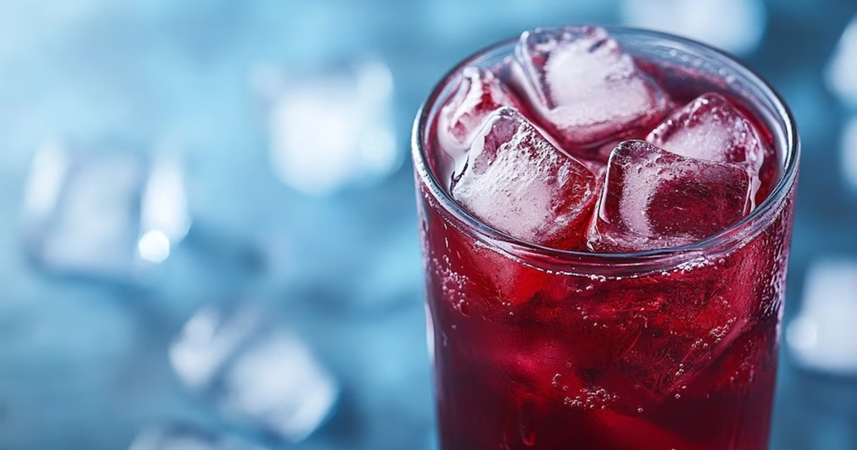 Vaso transparente con bebida roja y hielo, fondo azul borroso.