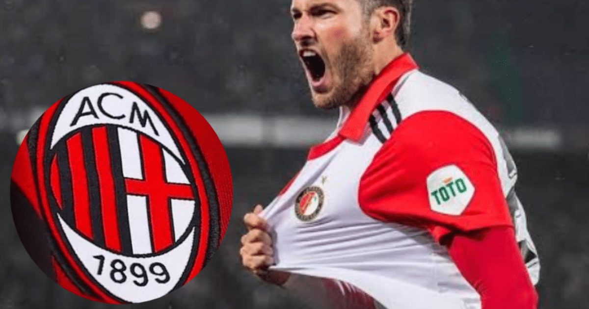 Jugador del AC Milan celebrando con la camiseta, simbolizando el interés en Santiago Giménez.