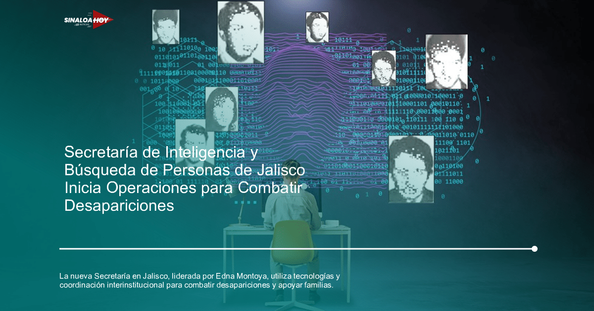 Persona frente a computadora con proyección de rostros pixelados y código binario, simbolizando tecnología en búsqueda de personas.
