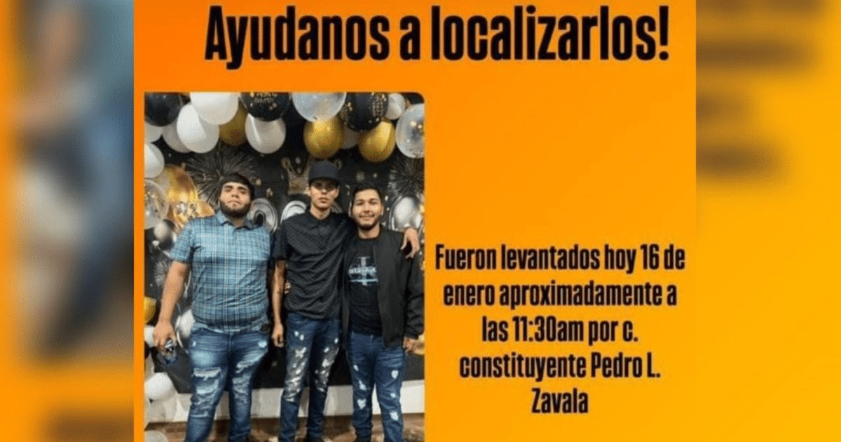 Cartel de búsqueda de tres jóvenes desaparecidos en Culiacán con fondo de globos de colores.