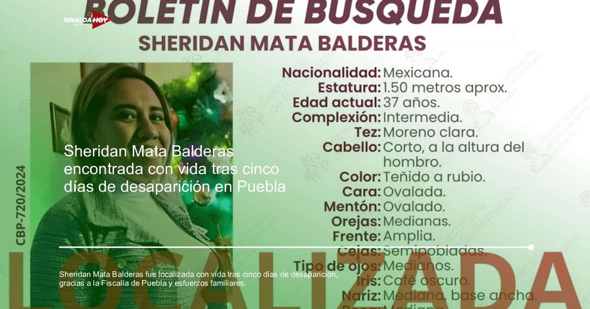 Boletín de búsqueda de Sheridan Mata Balderas con la palabra 'LOCALIZADA'.