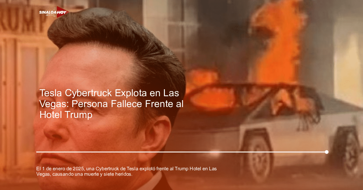 Montaje de un hombre y un vehículo en llamas frente a un letrero 'TRUMP'.