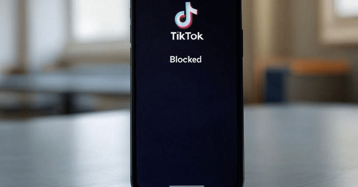 Teléfono móvil con TikTok bloqueado en pantalla, fondo interior.