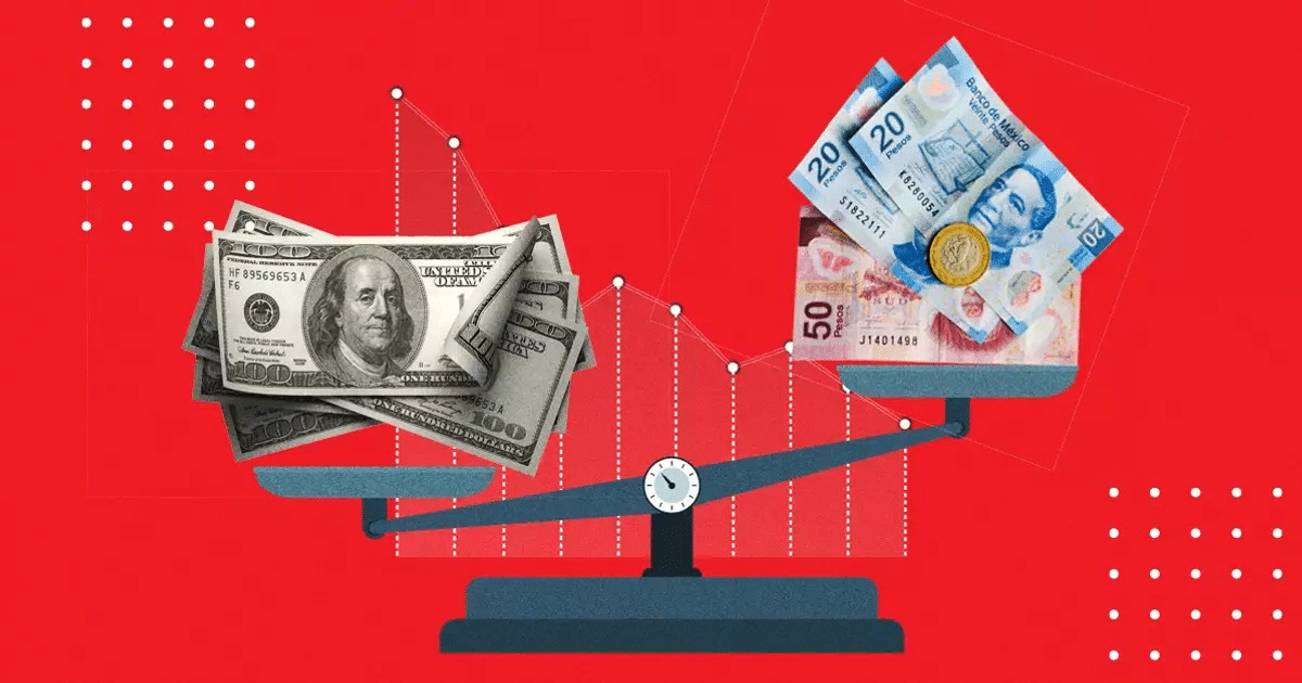 Balanza comparando billetes de dólares y pesos mexicanos sobre fondo rojo con gráficos.
