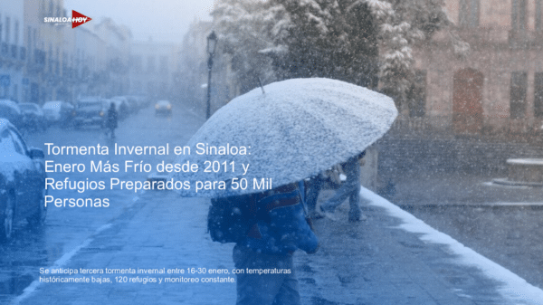 Persona caminando con sombrilla en una calle nevada, vehículos visibles, nieve cayendo.