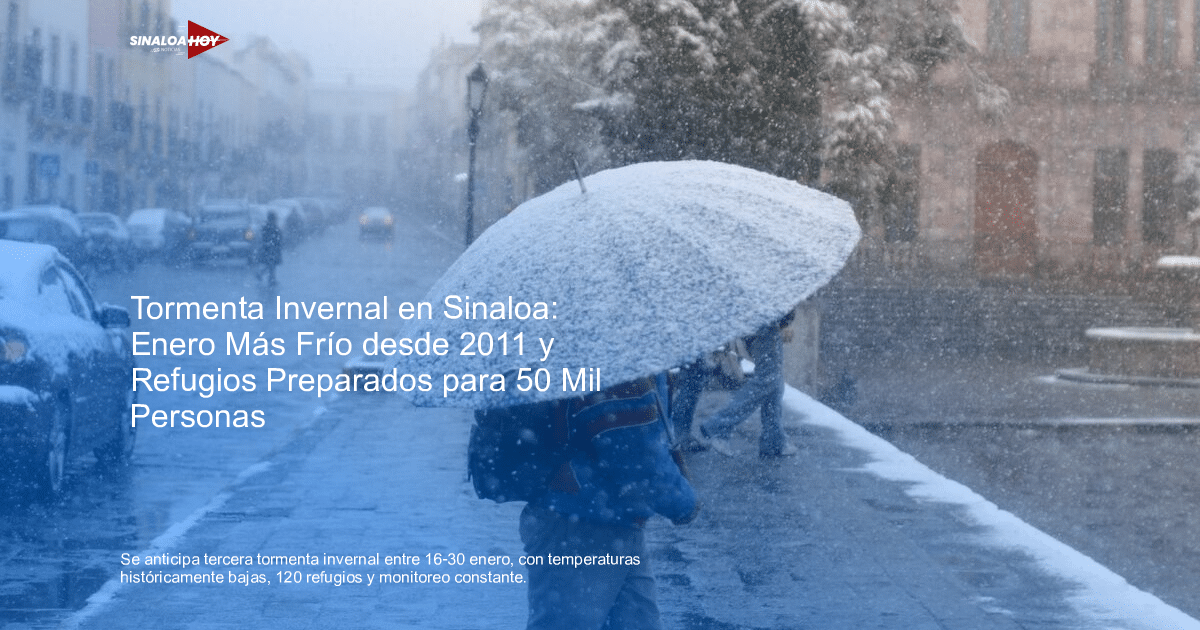 Persona caminando con sombrilla en una calle nevada, vehículos visibles, nieve cayendo.