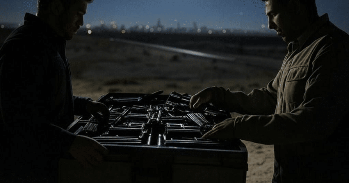 Dos personas revisan un estuche con armas en un entorno oscuro, simbolizando el tráfico de armas hacia México.