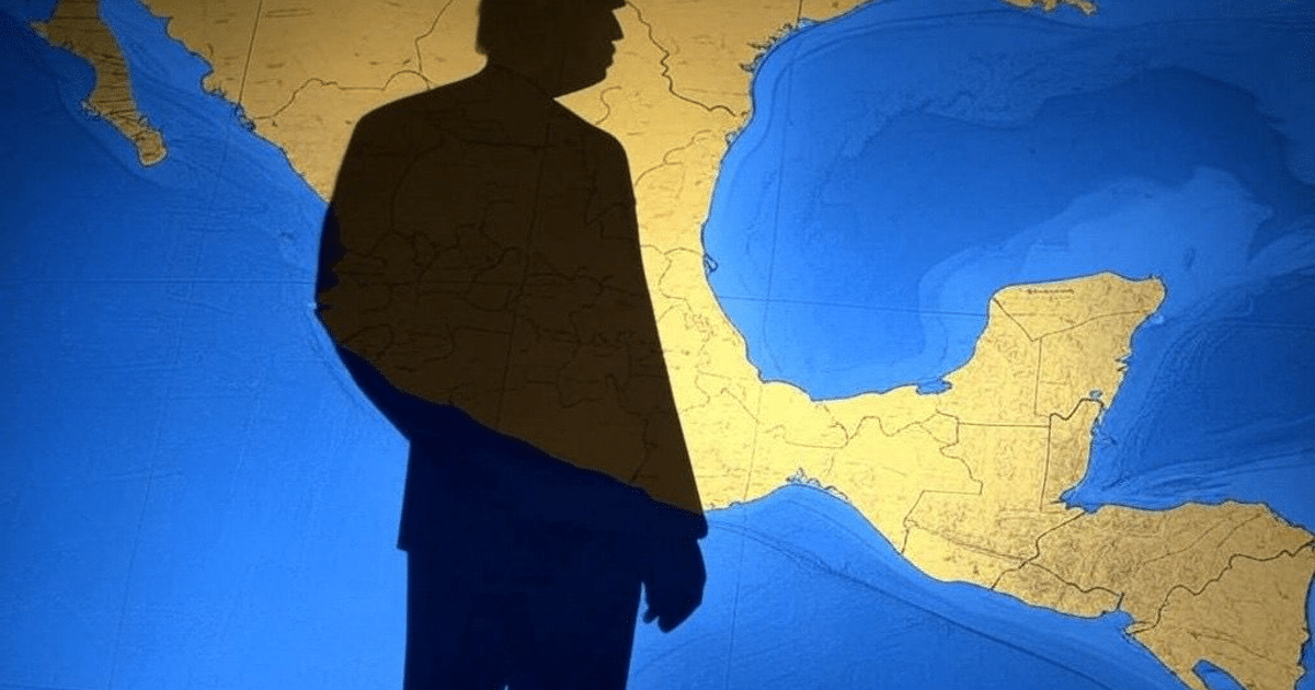Silueta de persona sobre mapa geográfico con áreas doradas y azules, simbolizando la tensión entre México y EE.UU.