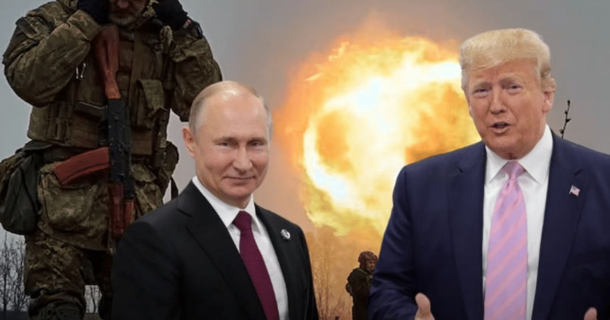 Montaje de Donald Trump y Vladimir Putin con elementos de guerra en Ucrania