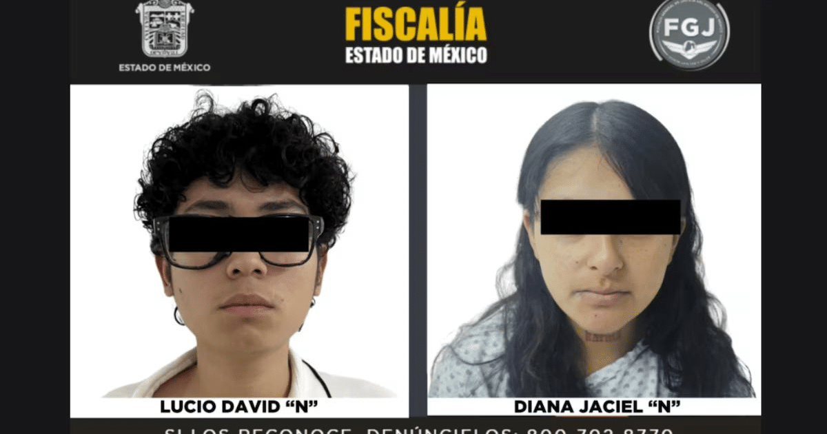 Aviso de la Fiscalía del Estado de México con fotos de Lucio David 'N' y Diana Jaciel 'N' por abandono infantil.