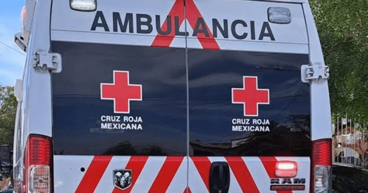 Parte trasera de una ambulancia de la Cruz Roja Mexicana con cruces rojas y franjas diagonales rojas y blancas, recuperada mediante GPS.
