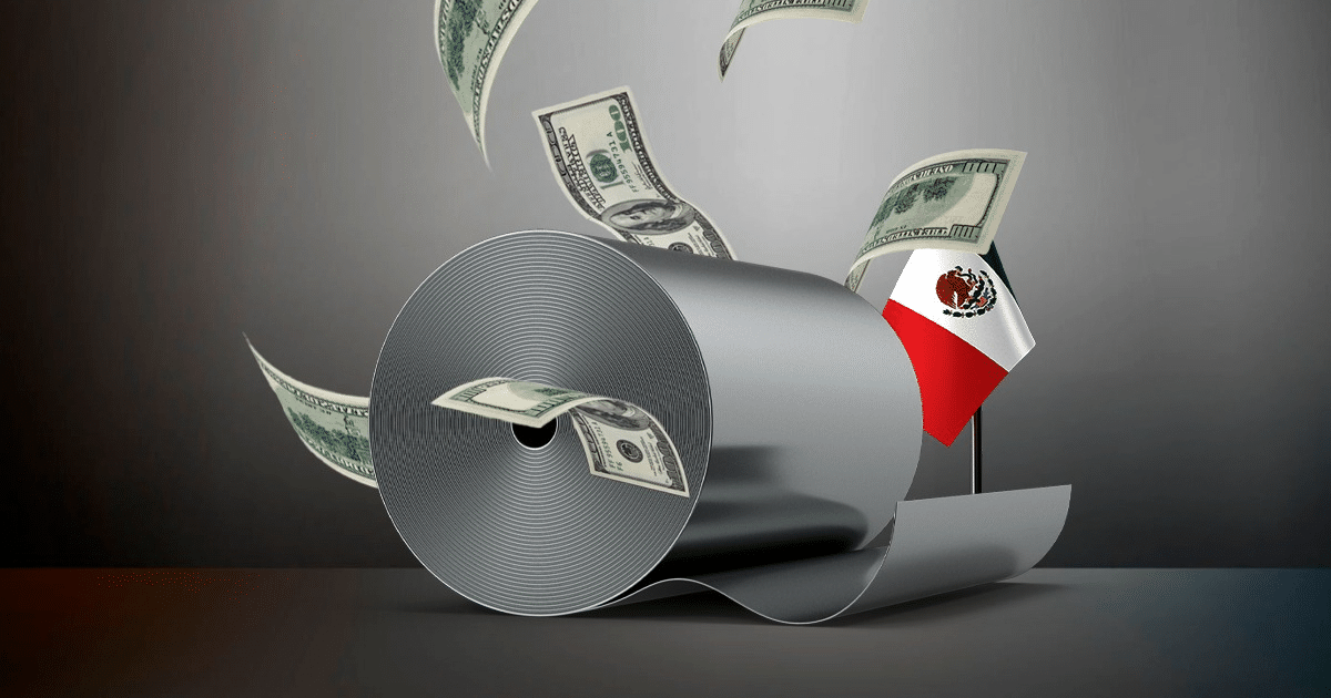 Rollo metálico con billetes y bandera de México, simbolizando el impacto de los aranceles en el comercio de metales.