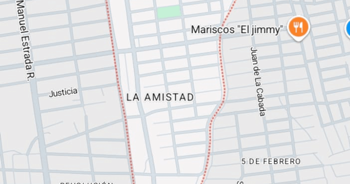 Mapa de la colonia La Amistad en Culiacán con calles y marcador de Mariscos 'El Jimmy'.