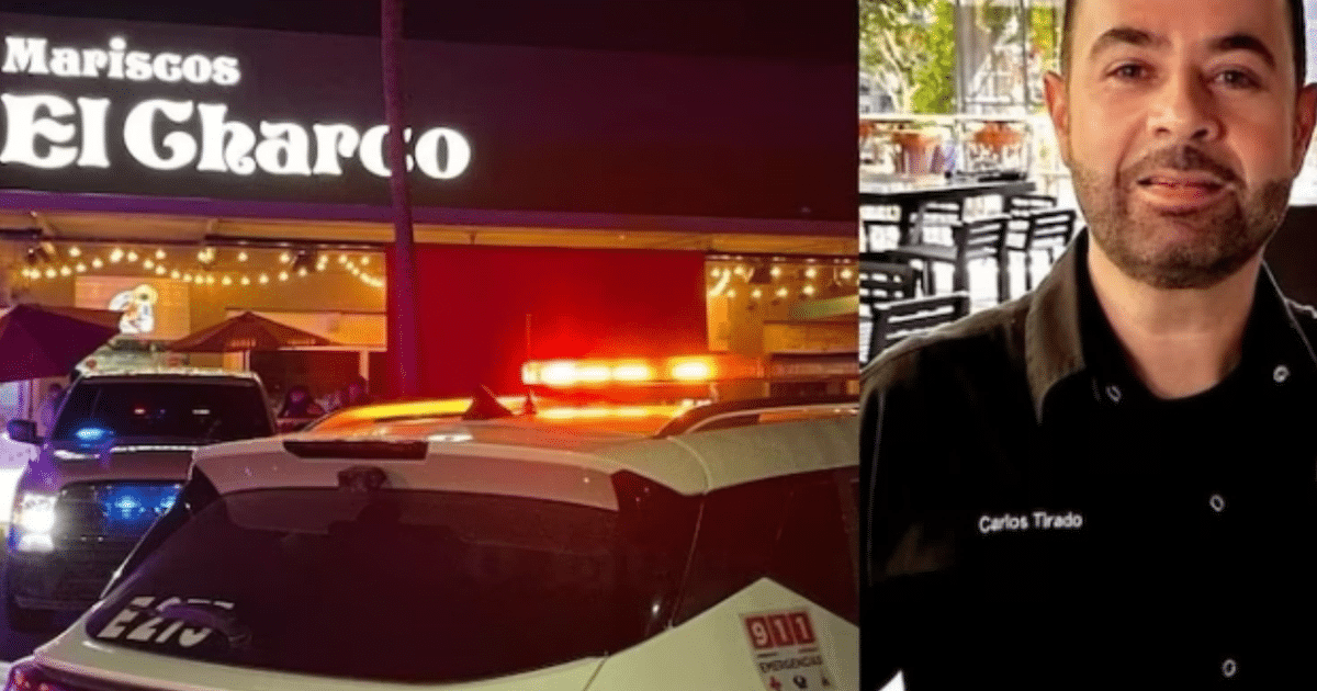 Restaurante 'Mariscos El Gharco' iluminado con vehículos de emergencia y Carlos Tirado en primer plano tras ataque armado en Hermosillo.