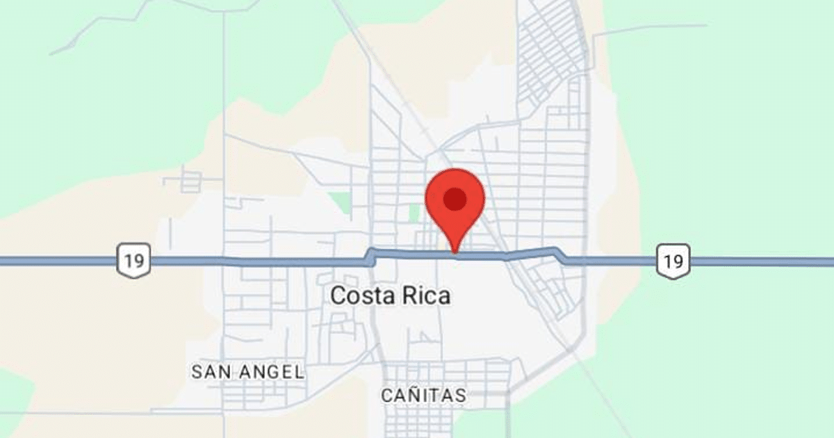 Mapa de Costa Rica con marcador rojo en carretera La 19, cerca de San Ángel y Canitas.