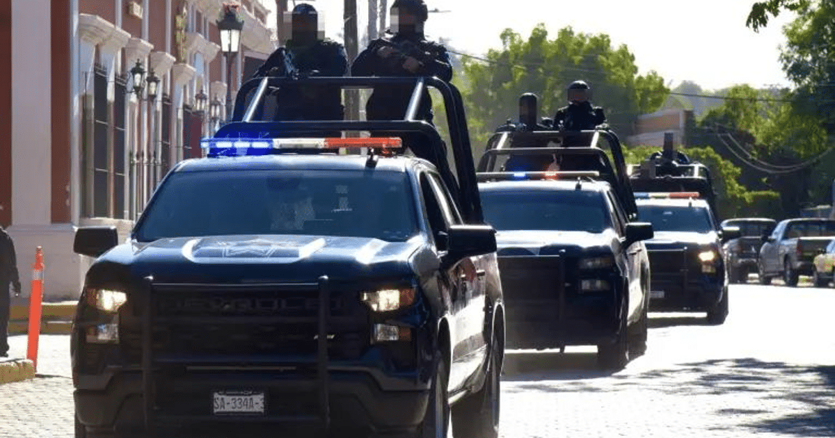 Camionetas de policía con luces intermitentes y personal uniformado en una calle urbana.