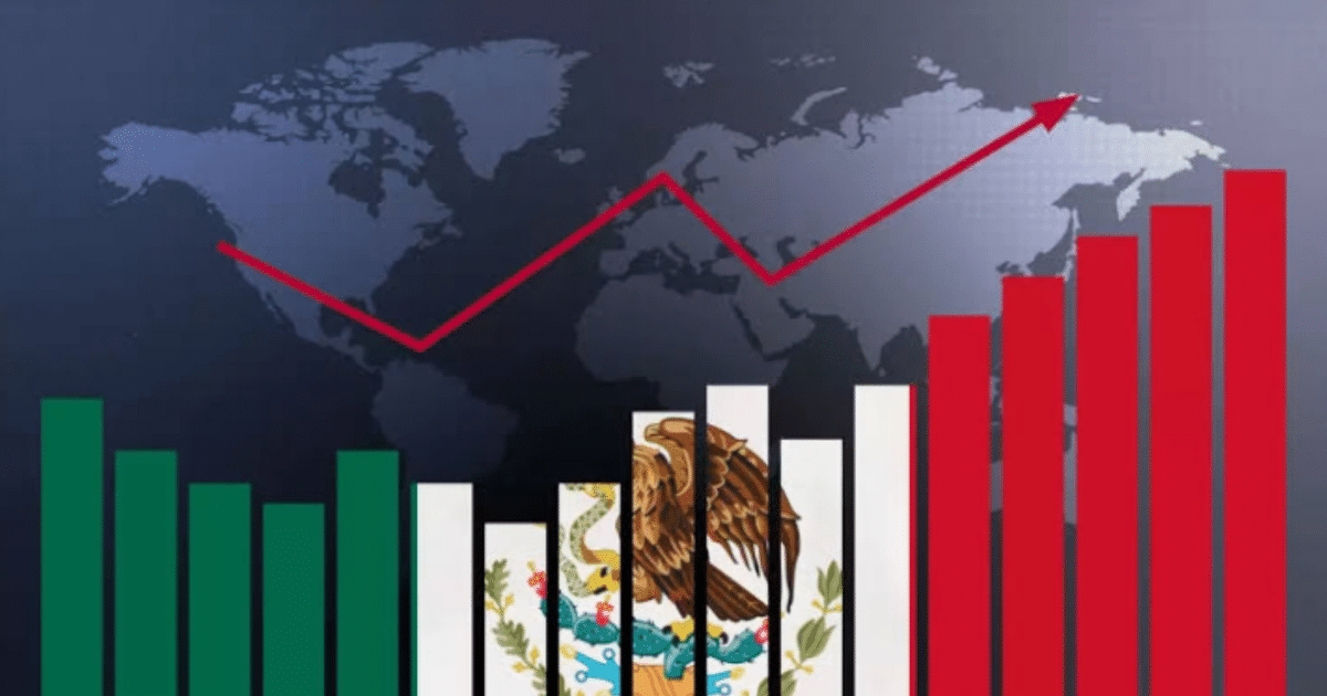 Gráfico de barras de crecimiento económico de México con bandera y mapa mundial de fondo.
