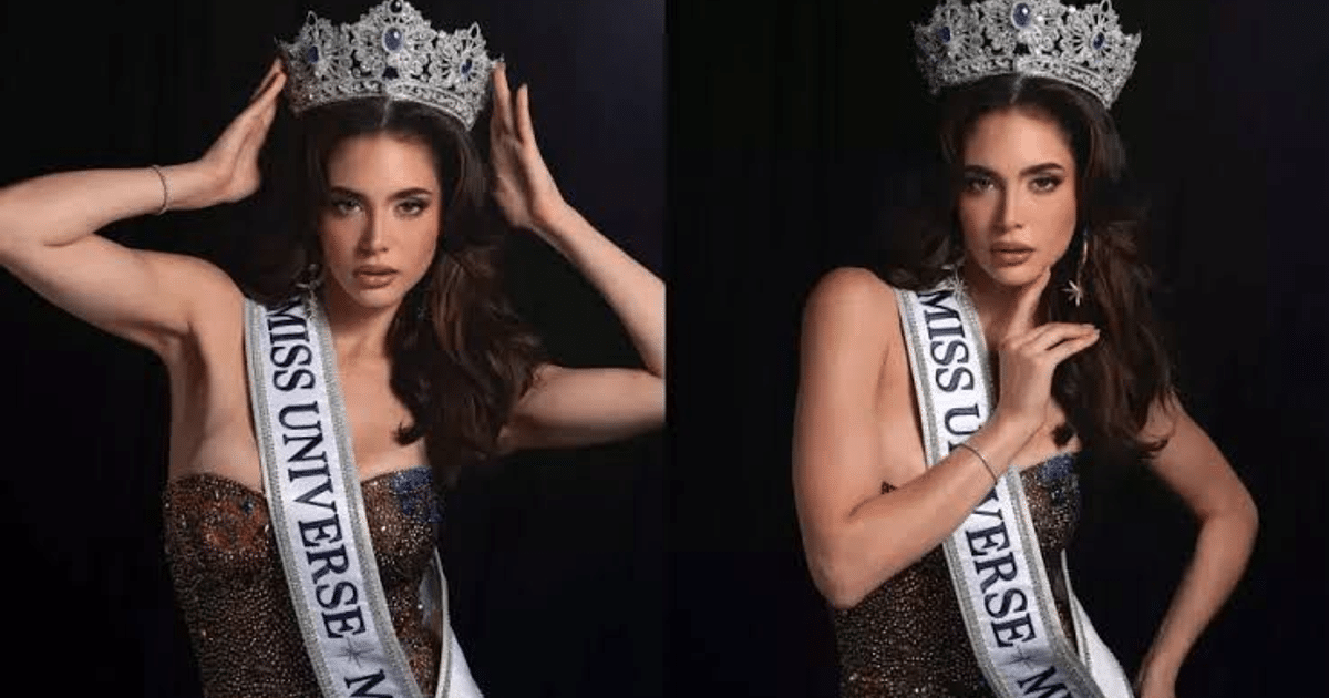 Fernanda Beltrán, Miss Universe México 2024, con corona y banda, posando en un estudio.