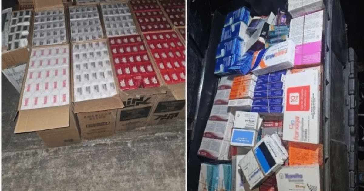 Cajas y paquetes de medicamentos incautados en Tepito durante un operativo policial.