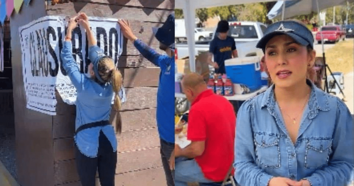 Personas colocando un cartel de 'CERRADO' y una mujer hablando a la cámara en un puesto de venta.