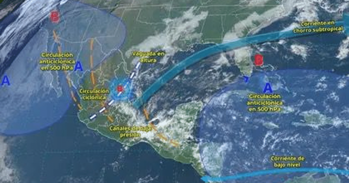 Mapa meteorológico mostrando circulación anticiclónica y ciclónica en México, 3 de febrero 2025