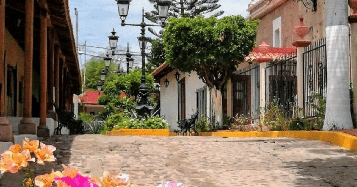 Calle empedrada con flores y cielo despejado en Sinaloa