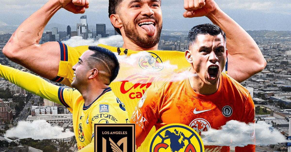 Jugadores de Club América celebrando con fondo de Los Ángeles y logotipos de Club América y LAFC.
