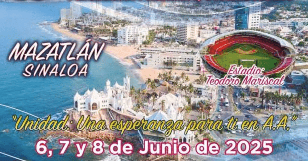 Vista aérea de Mazatlán con playa, edificios y Estadio Teodoro Mariscal, sede de la Convención Nacional 2025 de A.A.