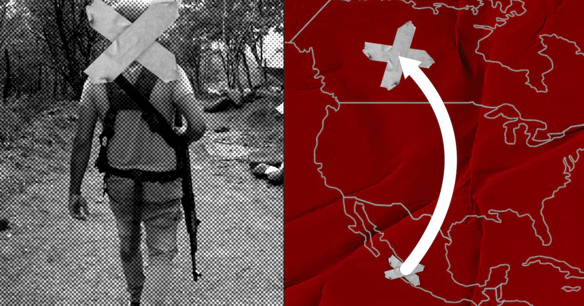 Montaje de una figura armada en un bosque y un mapa con una 'X', simbolizando conflicto y designación de cárteles como terroristas.